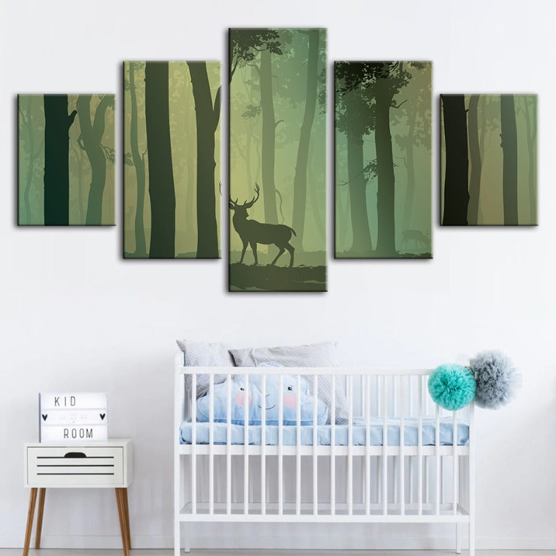 5 Piece Enchanted Green Silhouetted Deer - Canvas Wall Art Painting | Bowlift