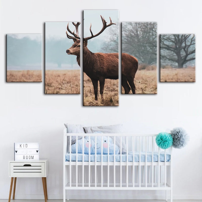 5 Piece Regal Deer in the Plains - Canvas Wall Art Painting | Bowlift