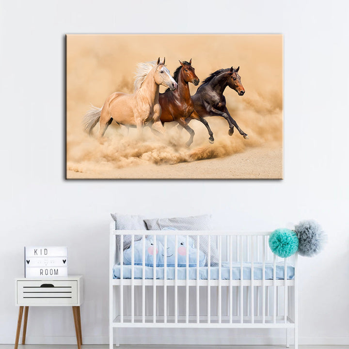 Three Running Horses in Desert - Canvas Wall Art Painting | Bowlift