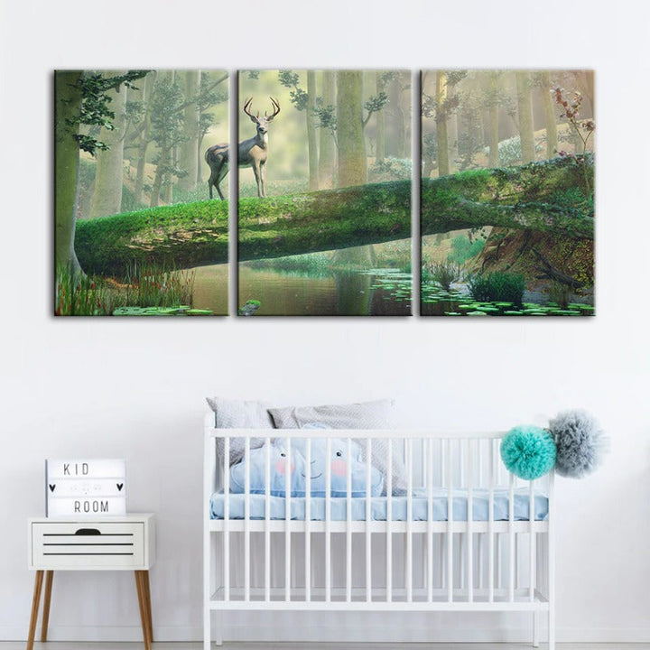 Enchanted Forest Deer-Canvas Wall Art Painting 3 Pieces | Bowlift