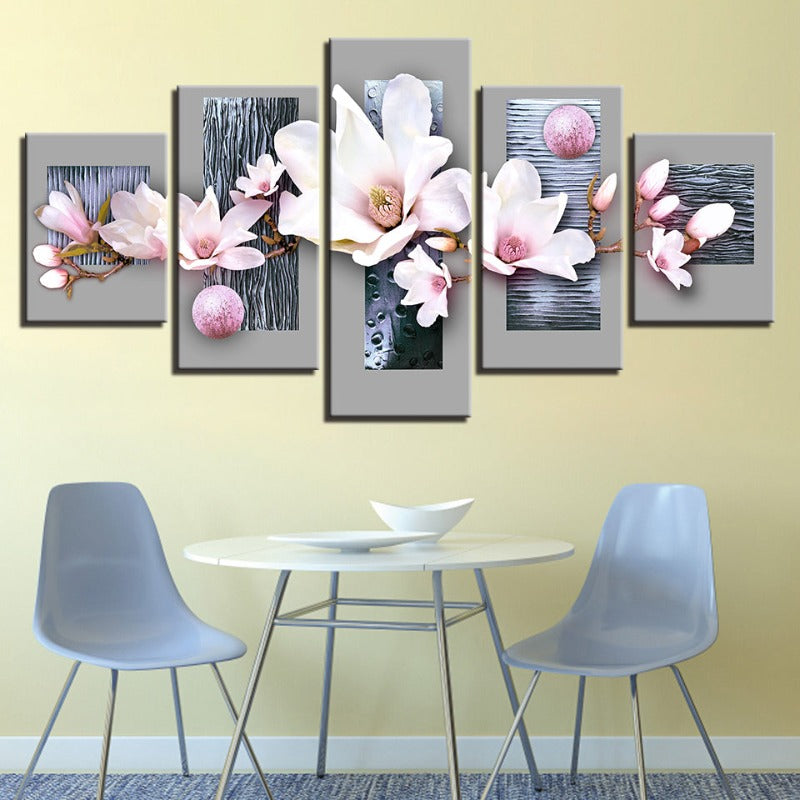 5 Piece Blue Wooden Background Pink Hue Flower - Canvas Wall Art Painting | Bowlift