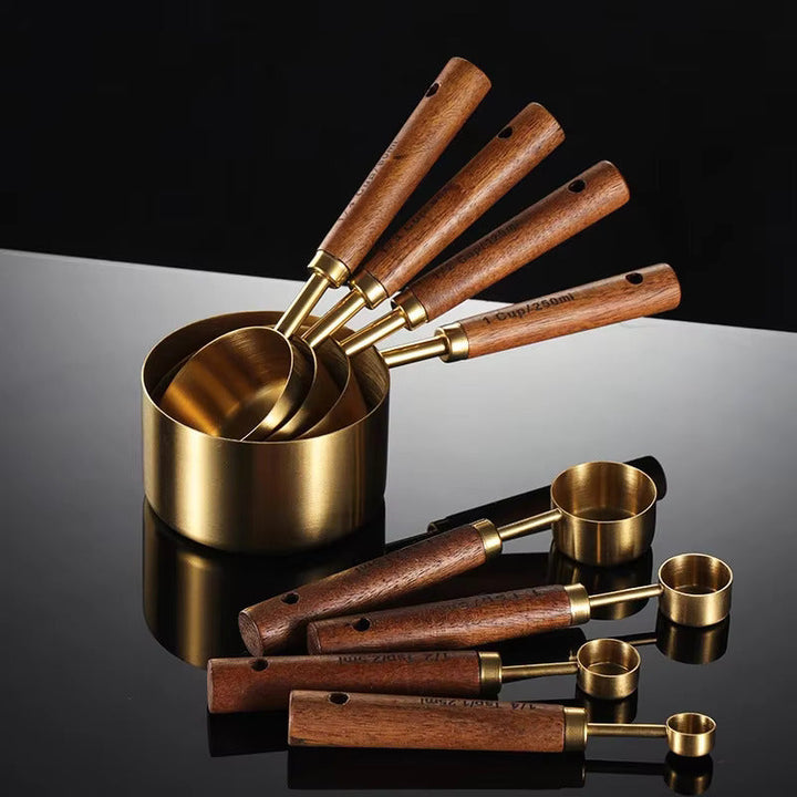 MeasureWood Measuring Spoons and Measuring Cups Set Stainless Steel Oak Wood 8-piece | Bowlift