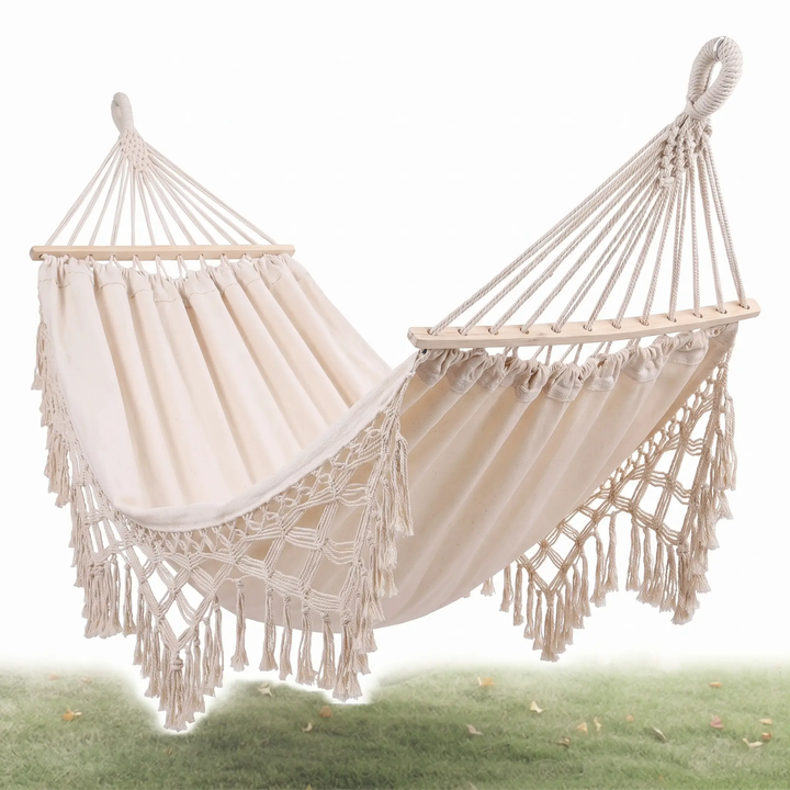 BowLift | 200x150cm Double Outdoor Camping Fringe Canvas Hammock with Pole (White)