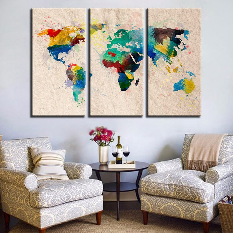 Beautiful Abstract Rainbow Color World Map-Canvas Wall Art Painting 3 Pieces | Bowlift