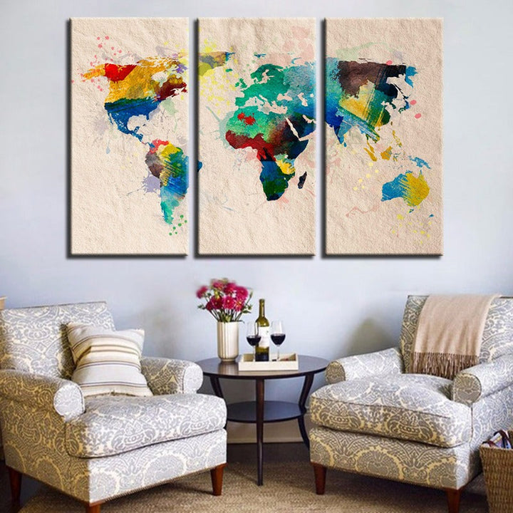 Beautiful Abstract Rainbow Color World Map-Canvas Wall Art Painting 3 Pieces | Bowlift
