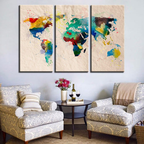 Beautiful Abstract Rainbow Color World Map-Canvas Wall Art Painting 3 Pieces | Bowlift