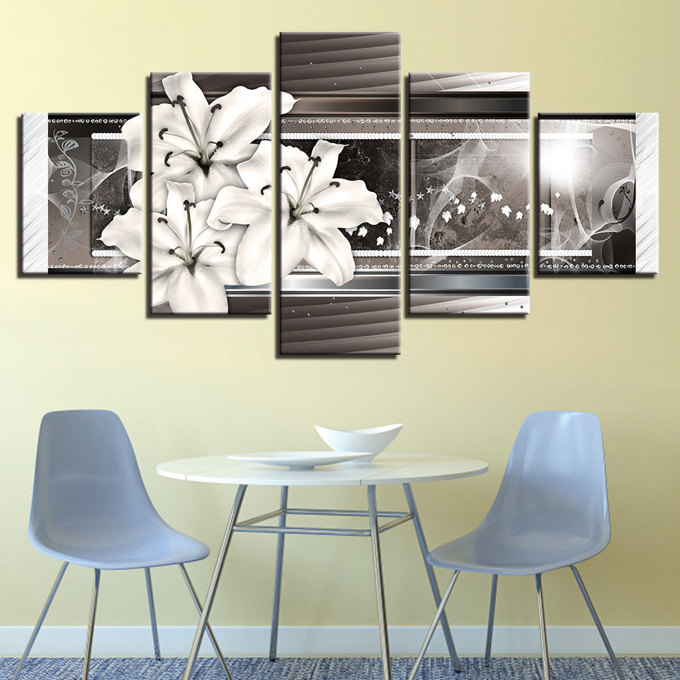 Grayscale White Lilies 5 Piece - Canvas Wall Art Painting | Bowlift