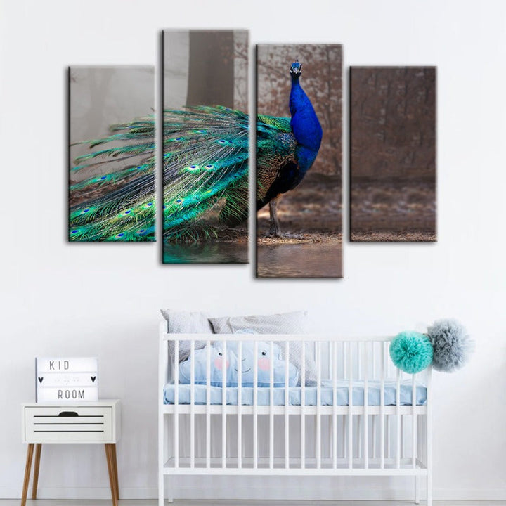 4 Piece Vivid Peacock by the Pond - Canvas Wall Art Painting | Bowlift