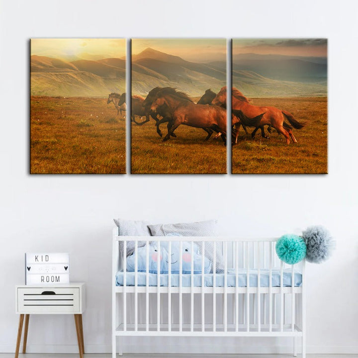 Running Horses With Beautiful Landscape-Canvas Wall Art Painting 3 Pieces | Bowlift