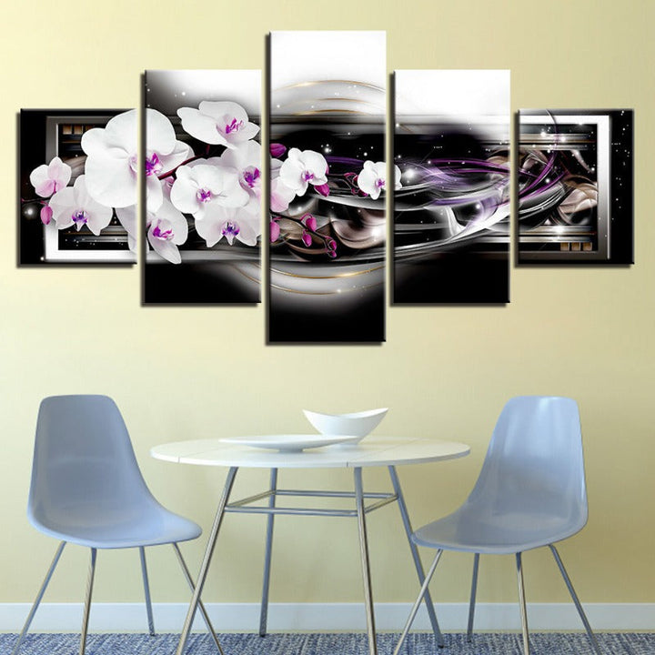 5 Piece Black Background Purple Hue White Flower - Canvas Wall Art Painting | Bowlift