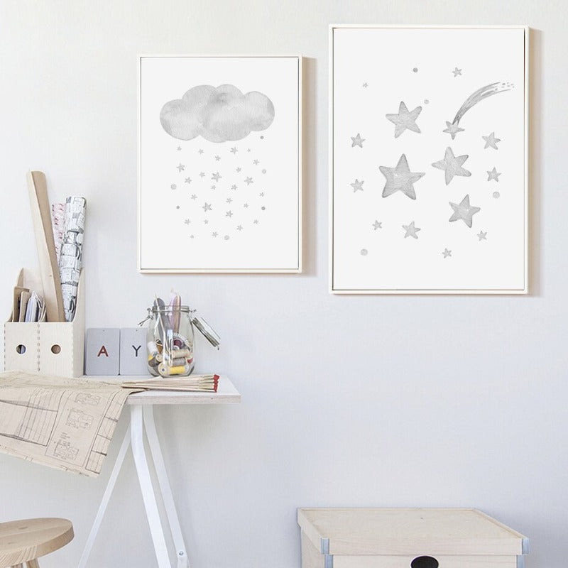 Grey Moon Stars Cloud Nursery - Canvas Wall Art Painting | Bowlift