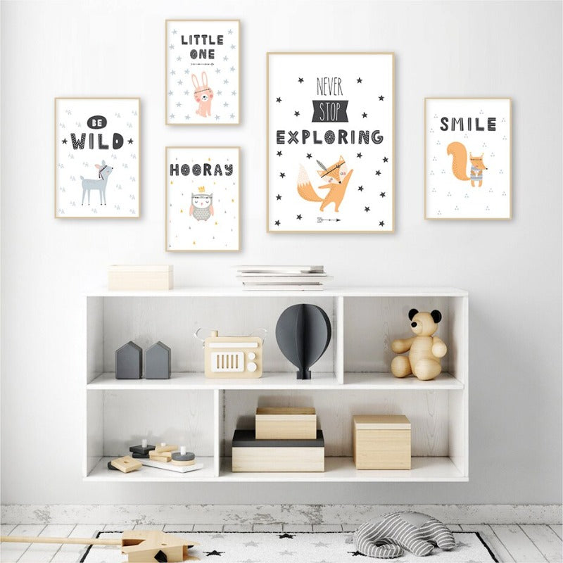 Little Woodland Animals Owl Gox Bear - Canvas Wall Art Painting | Bowlift