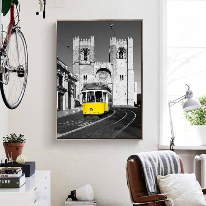 Vintage Yellow City Bus Scene - Canvas Wall Art Painting | Bowlift
