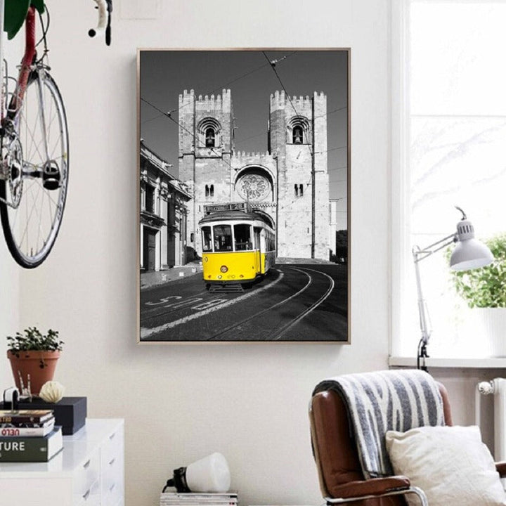 Vintage Yellow City Bus Scene - Canvas Wall Art Painting | Bowlift