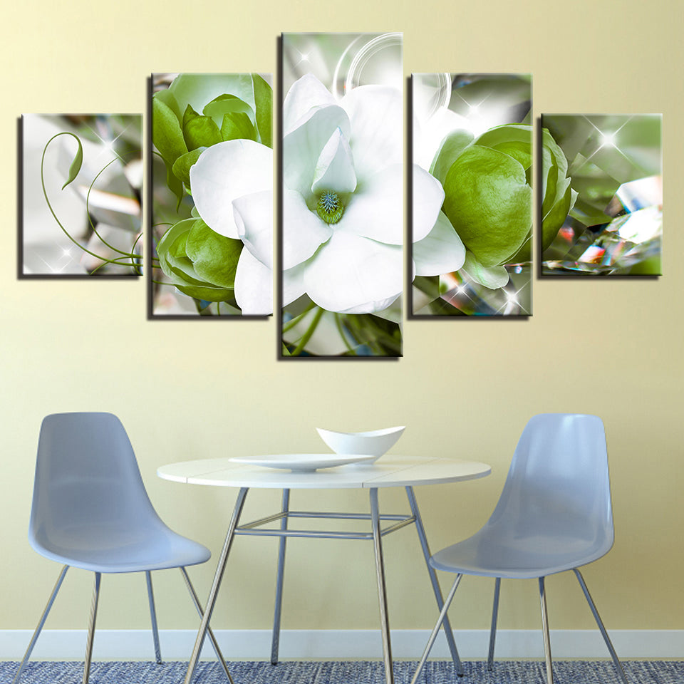 Delicate White and Green Flowers 5 Piece - Canvas Wall Art Painting | Bowlift