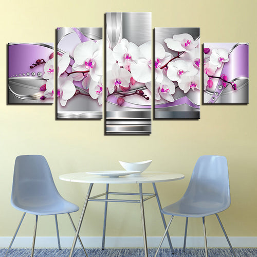 Metallic White And Purple Orchids 5 Piece - Canvas Wall Art Painting | Bowlift