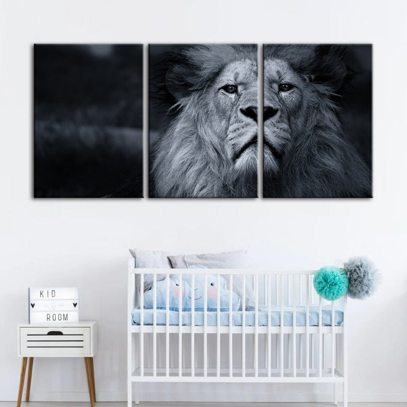 Grayscale Concerned Lion-Canvas Wall Art Painting 3 Pieces | Bowlift