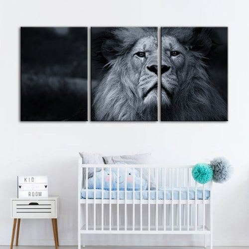 Grayscale Concerned Lion-Canvas Wall Art Painting 3 Pieces | Bowlift