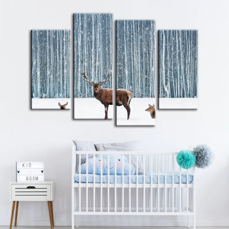 4 Piece Two Does and a Deer in Winter - Canvas Wall Art Painting | Bowlift