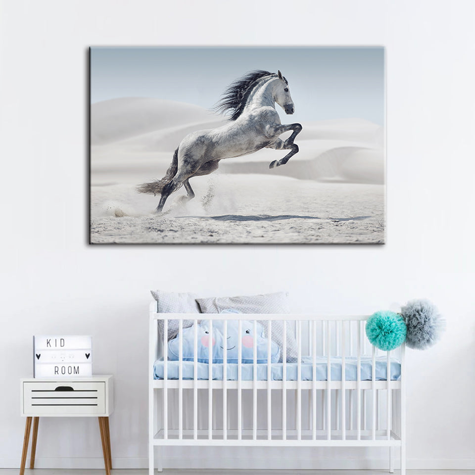 Jumping White Horse - Canvas Wall Art Painting | Bowlift
