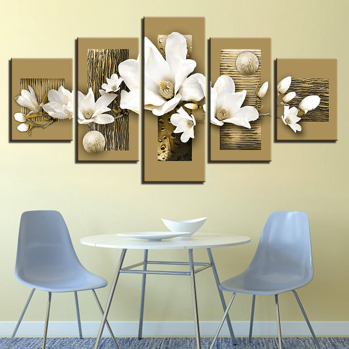 Golden Accents And White Magnolias 5 Piece - Canvas Wall Art Painting | Bowlift