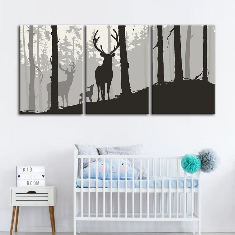 Silhouette Deer Family-Canvas Wall Art Painting 3 Pieces | Bowlift