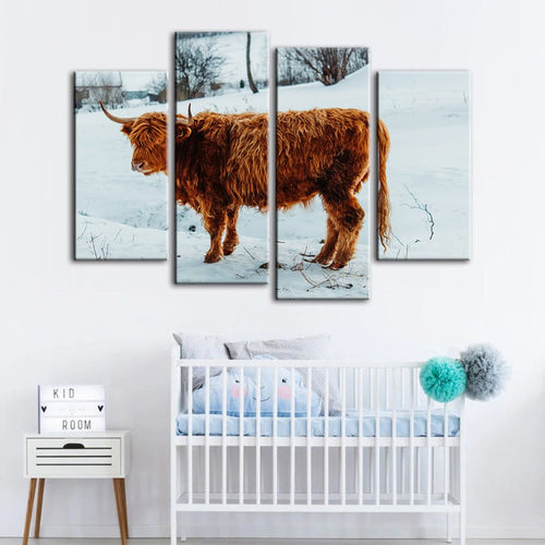 4 Piece Curly Haired Cow - Canvas Wall Art Painting | Bowlift