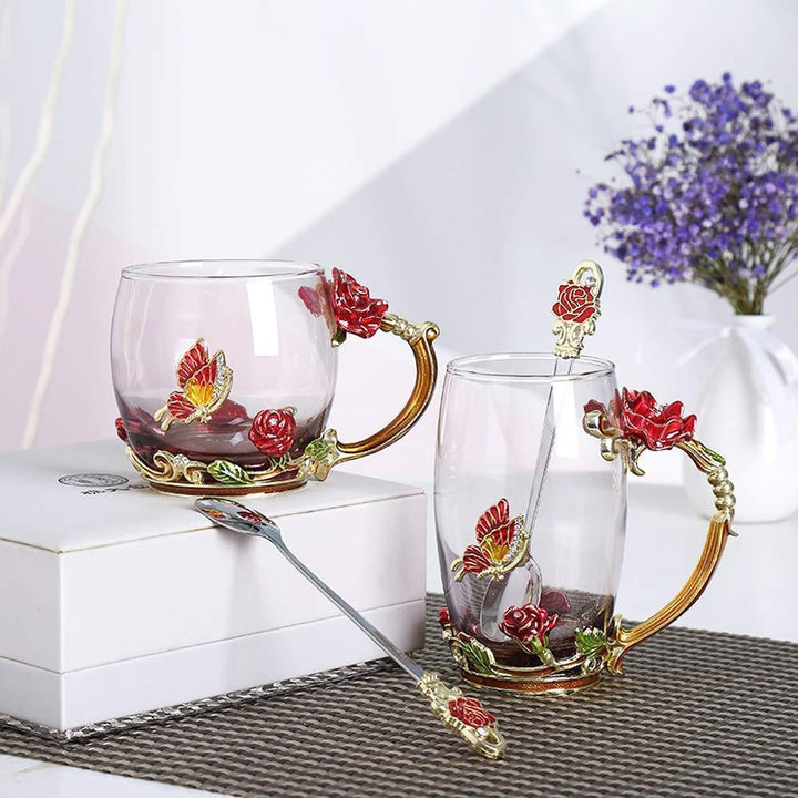 Enamel Rose Glass Tea Cup Set (With Spoon) | Bowlift