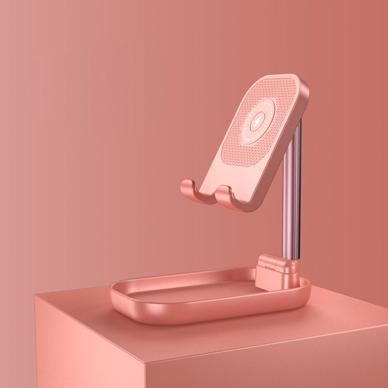 BowLift | Foldable and Adjustable Phone Holder with 10W Wireless Fast Charge, Up to 25.8cm, Lamp, Non-slip Panel, Mini Shelf, Suitable for Phones and Tablets