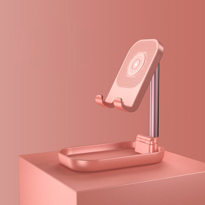 BowLift | Foldable and Adjustable Phone Holder with 10W Wireless Fast Charge, Up to 25.8cm, Lamp, Non-slip Panel, Mini Shelf, Suitable for Phones and Tablets