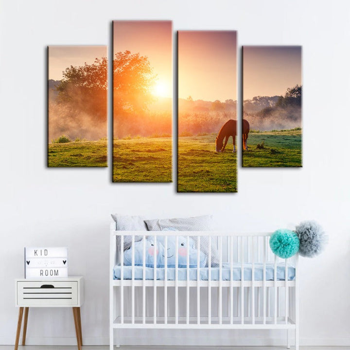 4 Piece Sunrise Grazing Horse - Canvas Wall Art Painting | Bowlift