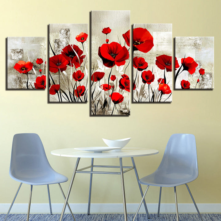Silver Red Poppy Field 5 Piece - Canvas Wall Art Painting | Bowlift