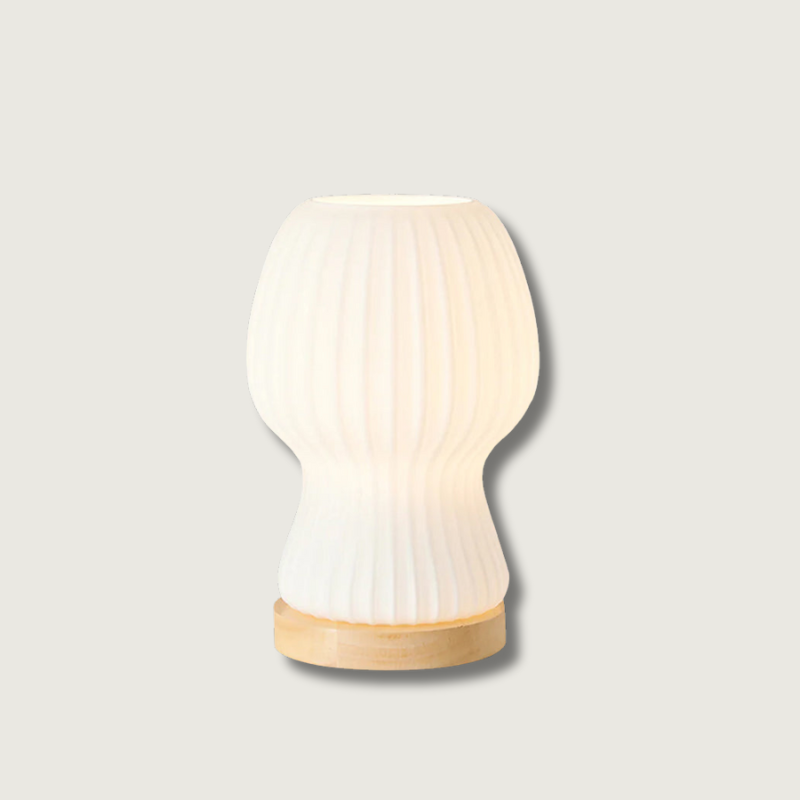 BowLift | GlowBeam – Folded Glass Table Lamp with Wooden Accent