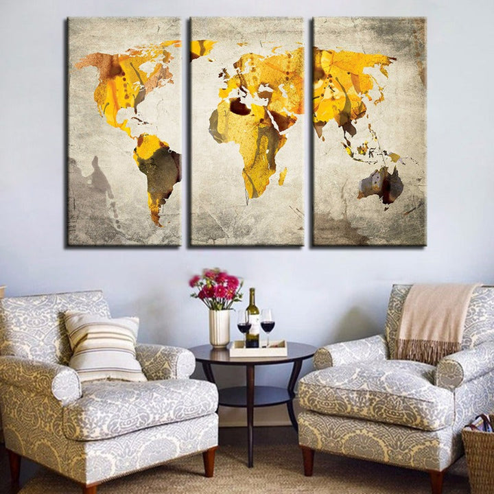 Yellow Classic World Map-Canvas Wall Art Painting 3 Pieces | Bowlift