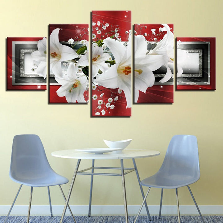 5 Piece Red Background White Tulip Flower - Canvas Wall Art Painting | Bowlift
