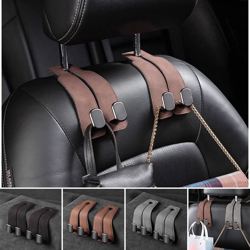 BowLift | Car Seat Back Double Hook with Phone Holder – PU Leather Organizer