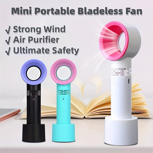 1pc USB Rechargeable Bladeless Handheld Fan - Portable Mini Desk Fan with 3 Speeds for Travel, Camping, Office, and Room Use | Bowlift