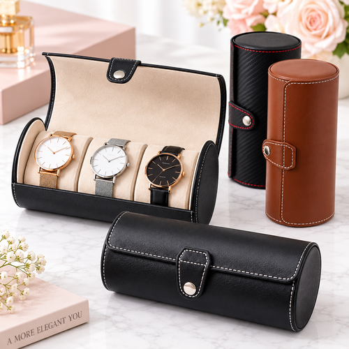 Cylindrical PU Leather Travel Watch Roll Case with Snap Closure Bowlift