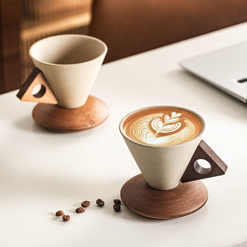 BaristaLuxe Ceramic Coffee Cup 250ml – Handmade with Wooden Handle and Coaster | Bowlift