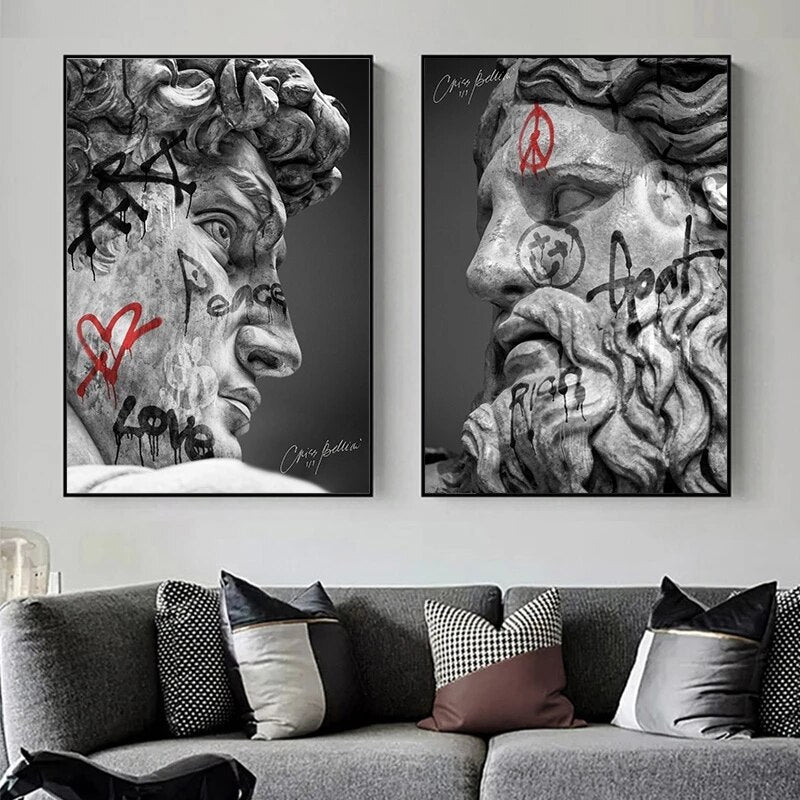 David Head Sculpture Graffiti - Canvas Wall Art Painting | Bowlift
