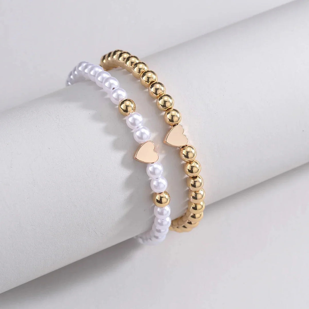 BowLift | 2pcs Classy White & Gold Beaded Heart Bracelets