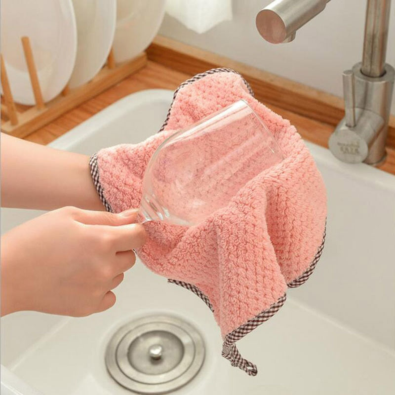 3 Pack Pink Hanging Coral Fleece Lint-Free Absorbent Cloth Dishcloth | Bowlift
