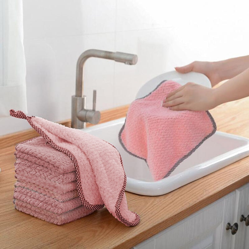 3 Pack Pink Hanging Coral Fleece Lint-Free Absorbent Cloth Dishcloth | Bowlift