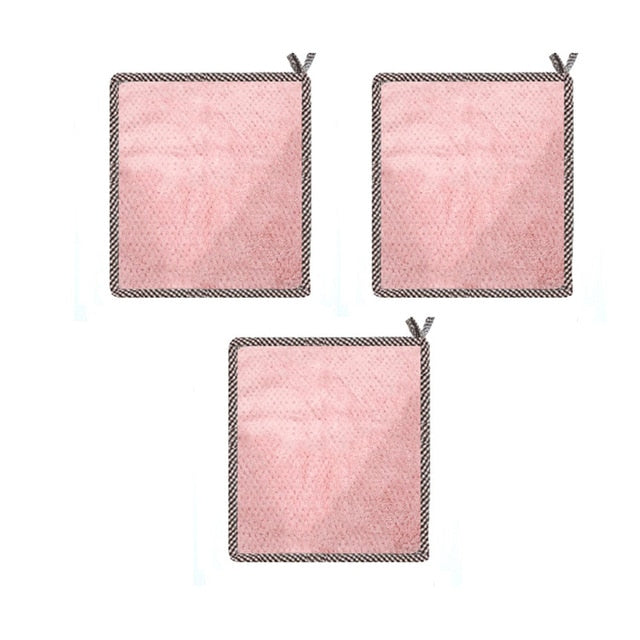 3 Pack Pink Hanging Coral Fleece Lint-Free Absorbent Cloth Dishcloth | Bowlift