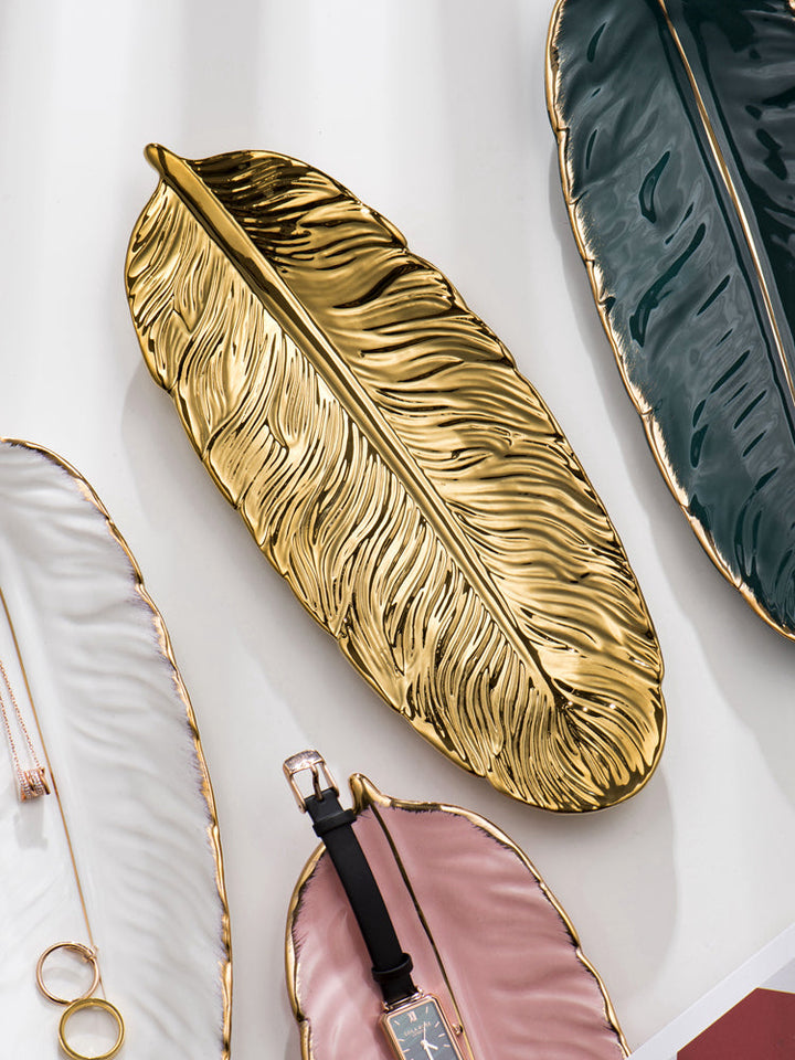BowLift | Nordic Light Luxury Style on Golden Feather Plate Retro Jewelry Plate Storage Plate Snack Plate Home Decor