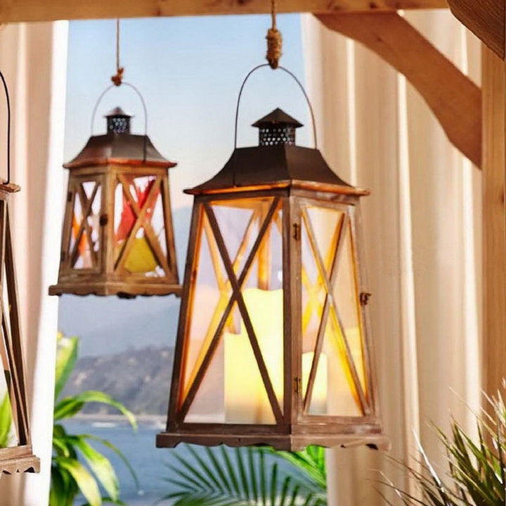 Hanging Rustic Metal and Glass Lantern Candle Holder with LED Flameless Pillar Effect Bowlift