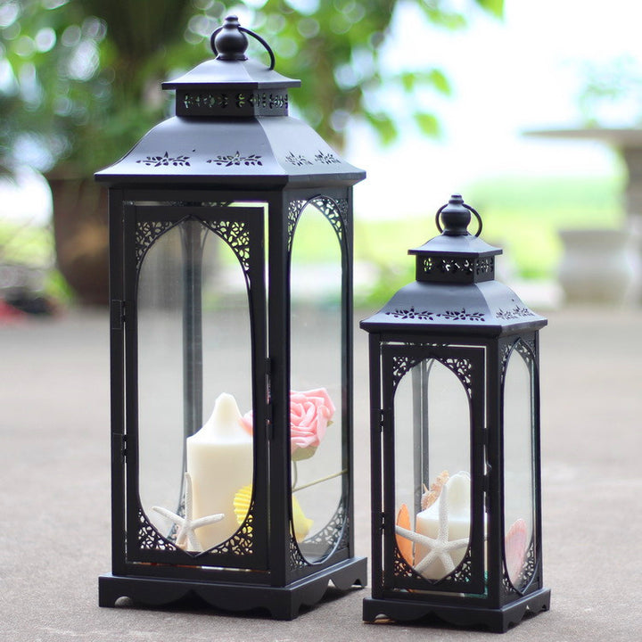 Decorative Metal Glass Lantern Set with Arched Paneled Windows and Filigree Top Bowlift