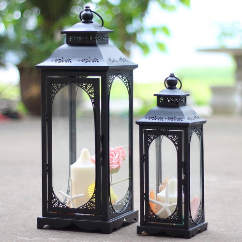 Decorative Metal Glass Lantern Set with Arched Paneled Windows and Filigree Top Bowlift