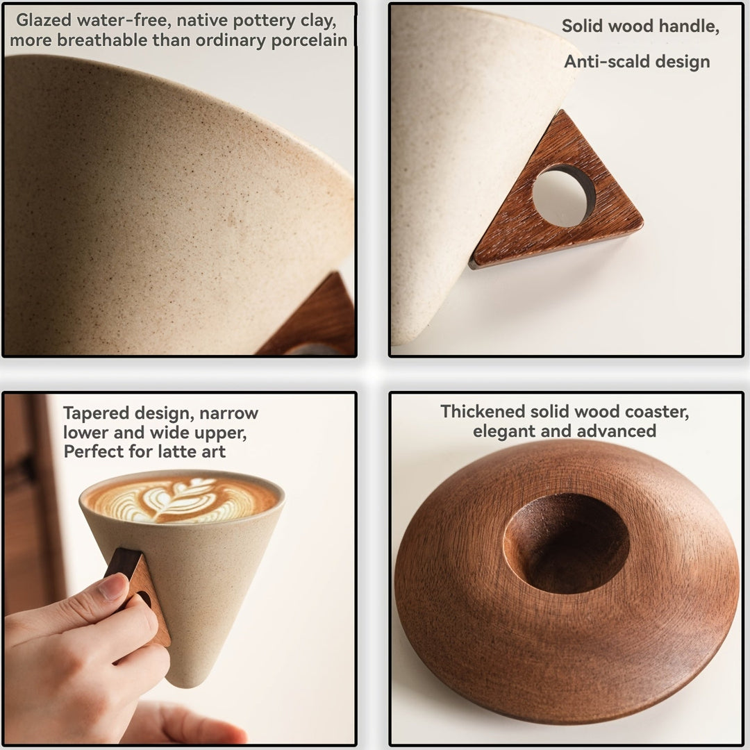 BaristaLuxe Ceramic Coffee Cup 250ml – Handmade with Wooden Handle and Coaster | Bowlift