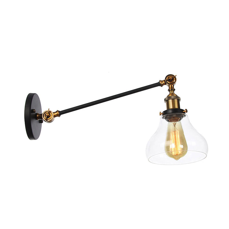 BowLift | 1 Light Indoor Lighting Fixture Farmhouse Black/Bronze/Brass Wall Lamp with Pear Clear Glass Shade, 8"/12" L Arm